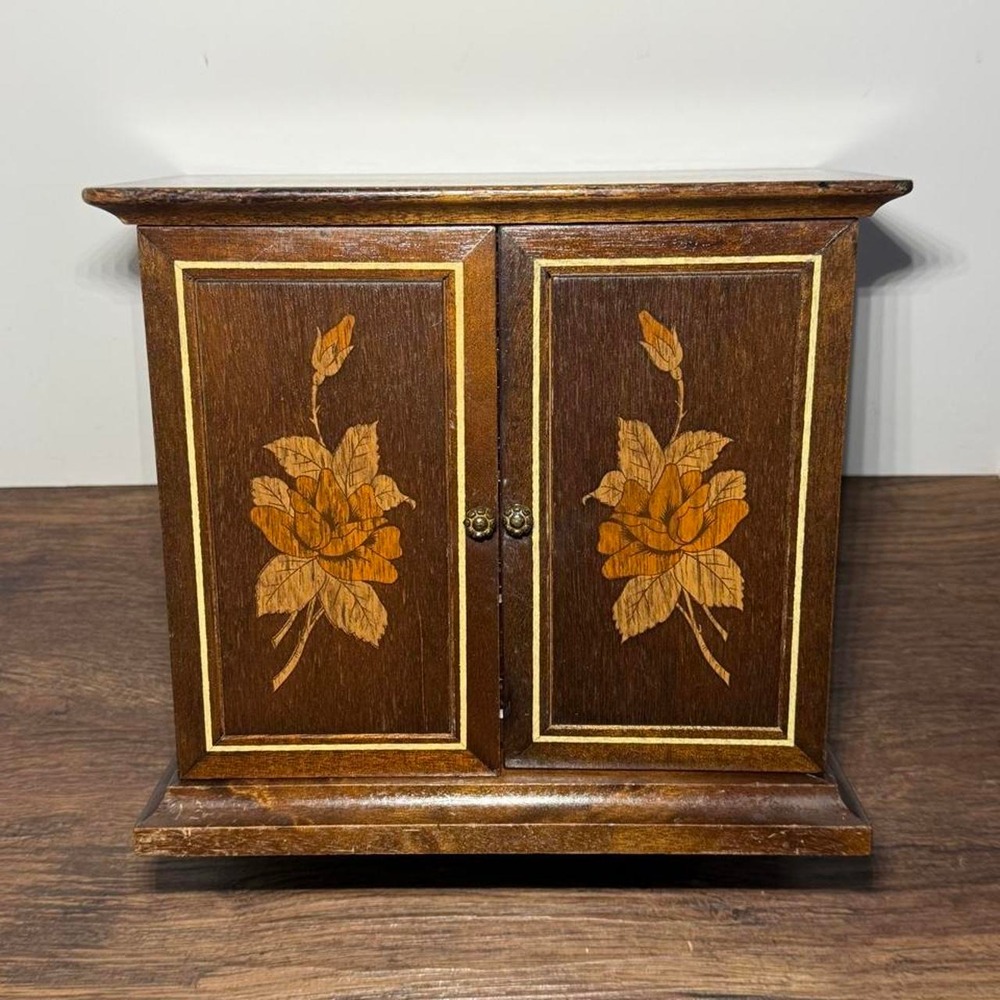Vintage 1950s Wood Jewelry Box with Floral Inlay
